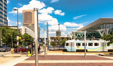 Lightrail stop on Pratt Street in downtown Baltimore, Maryland near the Inner Harbor.